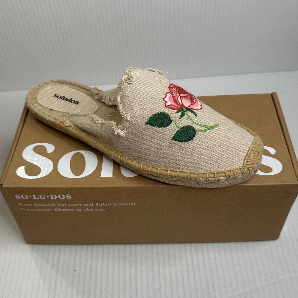 Soludos Women 10/10.5 Smoking Mule‎ Espadrilles Rose Embroidered Natural Canvas